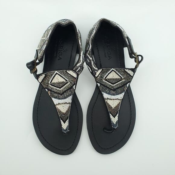 Aspiga Black Silver White T-Strap Hand-beaded Ankle Cuff Sandals Buckle Clasp 38 - Picture 6 of 11